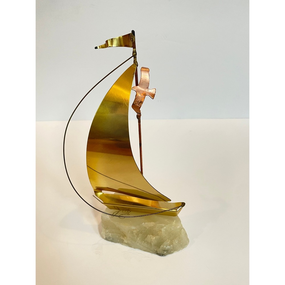 Vintage Signed Mixed Metal Sailboat Sculpture Brass Copper on Stone Base MCM